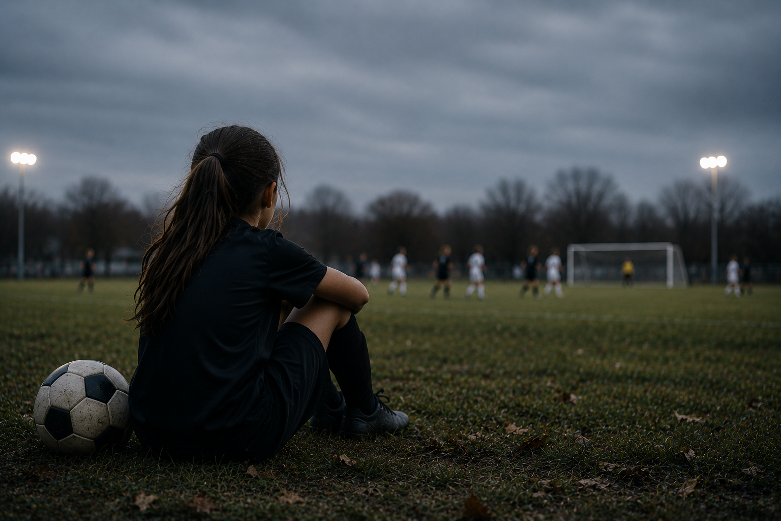 A girl sitting on the sideline watching a soccer game